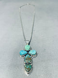 Inspirational Native American Navajo 5 Pilot Mountain Turquoise Sterling Silver Cross Necklace-Nativo Arts