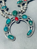 Gasp! Green Turquoise Vintage Native American Navajo Sterling Silver Squash Blossom Necklace-Nativo Arts