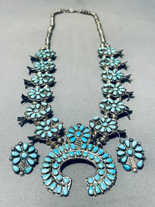 Gasp! Vintage Native American Navajo Turquoise Sterling Silver Squash Blossom Necklace Set-Nativo Arts