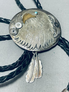 Huge Eagle Head Vintage Native American Navajo Turquoise Sterling Silver Bolo Tie-Nativo Arts