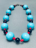 Rounded Turquoise Balls Santo Domingo Coral Sterling Silver Necklace-Nativo Arts
