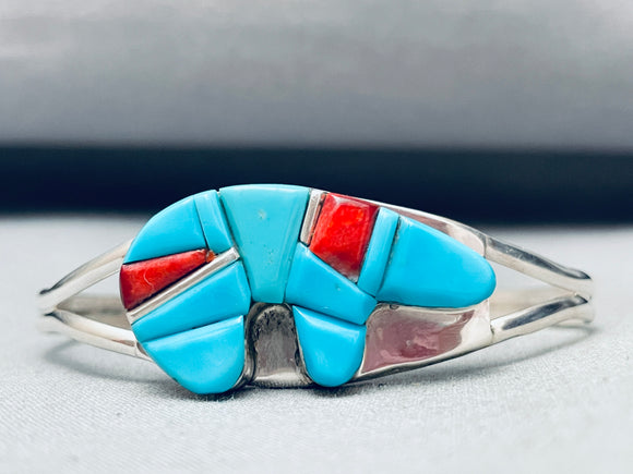 Bear Of Turquoise Vintage Native American Navajo Coral Sterling Silver Bracelet-Nativo Arts