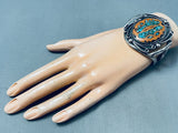 Huge Vintage Native American Navajo Walnut Wood Turquoise Inlay Sterling Silver Bracelet-Nativo Arts