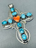 Celestial Vintage Native American Zuni Spiderweb Turquoise Spiny Heart Silver Cross Pendant-Nativo Arts