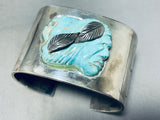 Hand Carved Indian Head!! Vintage Native American Navajo Turquoise Sterling Silver Bracelet-Nativo Arts