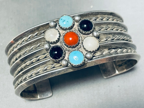 Flower Stones Vintage Native American Navajo Turquoise Coral Sterling Silver Bracelet-Nativo Arts