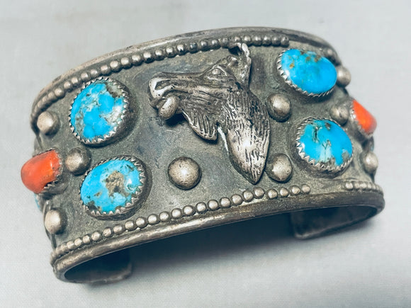 Moose Head!! Very Rare Vintage Native American Navajo Turquoise Coral Sterling Silver Bracelet-Nativo Arts