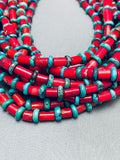 614 Grams Best Native American Navajo Coral Sterling Silver Turquoise Necklace-Nativo Arts