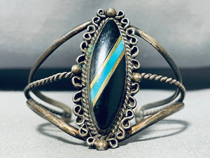 Stunning Vintage Native American Navajo Blue Gem Turquoise & Jet Sterling Silver Bracelet-Nativo Arts