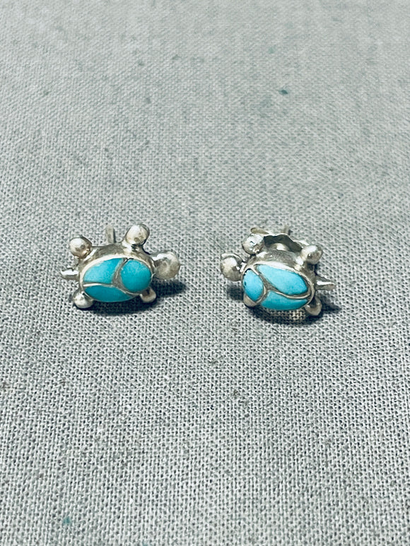 Adorable Vintage Native American Zuni Blue Gem Turquoise Sterling Silver Earrings-Nativo Arts