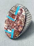 30 Grams Heavy Big Native American Navajo Turquoise Agate Sterling Silver Inlay Ring-Nativo Arts