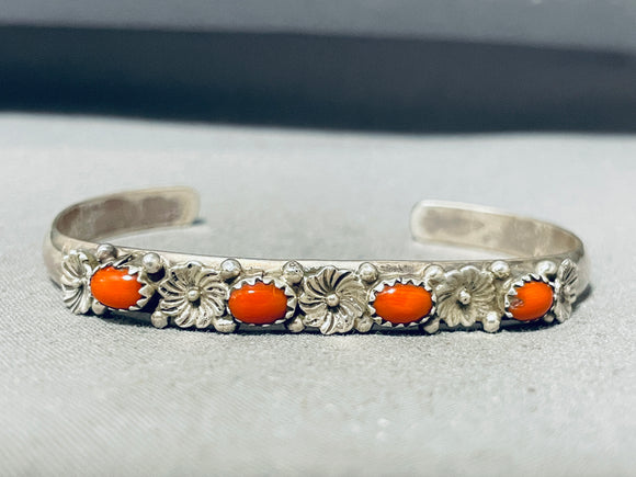 Vibrant Native American Navajo 4 Corals Sterling Silver Florals Bracelet-Nativo Arts