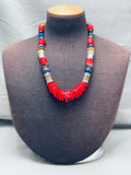 Chunky Native American Navajo Coral Disc Sterling Silver Beaded Necklace-Nativo Arts