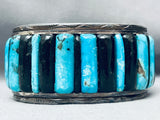 7 Inch Wrist Vintage Native American Navajo Turquoise Row Inlay Sterling Silver Bracelet-Nativo Arts