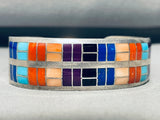Tsadiase Vintage Native American Zuni Turquoise Inlay Sterling Silver Squared Bracelet Cuff-Nativo Arts