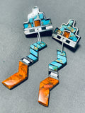 Native American Colorful Santo Domingo Signed Inlay Turquoise Spiny Jet Kachina Earrings-Nativo Arts