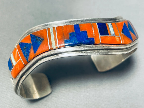 Native American 6 Inch Wrist Vintage Navajo Lapis Coral Sterling Silver Inlay Bracelet-Nativo Arts