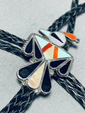 Marvelous Vintage Signed Native American Zuni Inlay Jet Turquoise Thunderbird E Cellicon Bolo-Nativo Arts
