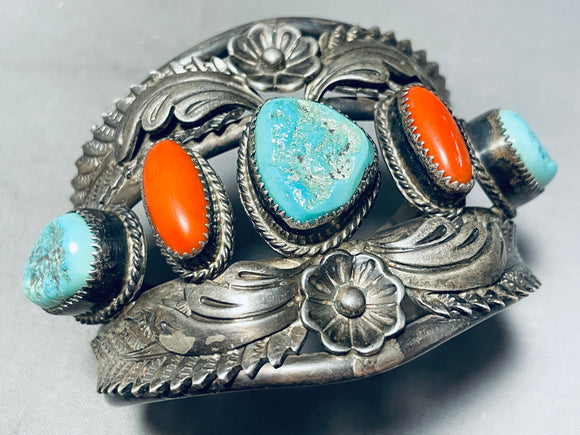 91 Grams Heavy Vintage Native American Navajo Turquoise Coral Sterling Silver Leaf Bracelet-Nativo Arts