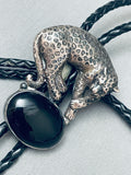 Detailed Vintage Native American Navajo Leopard Sterling Silver Jet Bolo Tie Old-Nativo Arts