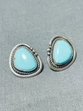 Native American Brilliant Zuni Signed Blue Gem Turquoise Sterling Silver Earrings-Nativo Arts