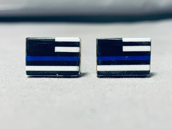 Important Native American Navajo Black Onyx & Lapis Sterling Silver Flag Cuff Links-Nativo Arts