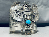Ornate Native American Navajo 8 Turquoise Sterling Silver Kachina Bracelet-Nativo Arts