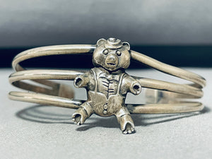 Cute Teddy Bear!! Rare Vintage Native American Navajo Sterling Silver Bracelet Cuff-Nativo Arts