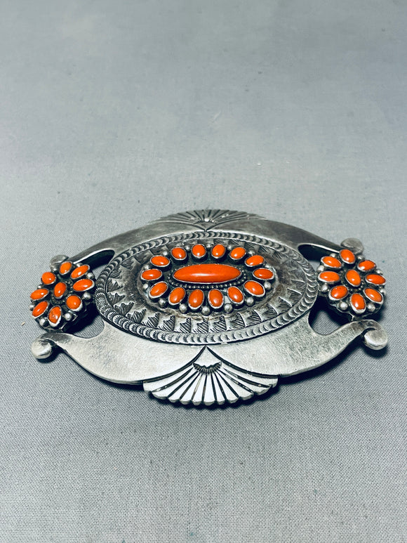 Important Best Vintage Native American Navajo Lee Charley Coral Sterling Silver Buckle-Nativo Arts