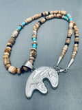 Super Intricate Vintage Native American Navajo Turquoise Inlay Bear Sterling Silver Necklace-Nativo Arts