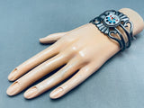 Rare Kachina Sunface Vintage Native American Zuni Turquoise Inlay Sterling Silver Bracelet-Nativo Arts