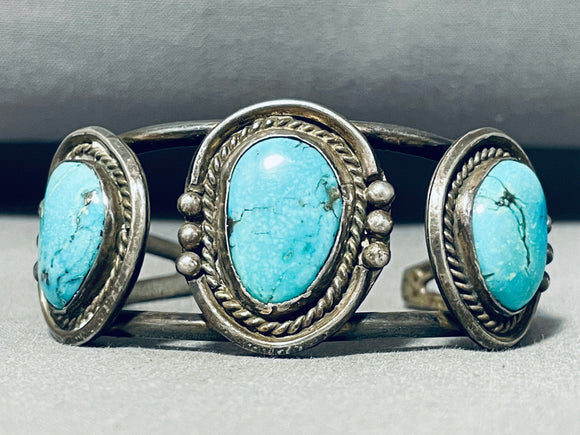 Outstanding Vintage Native American Navajo 3 Pilot Mountain Turquoise Sterling Silver Bracelet-Nativo Arts