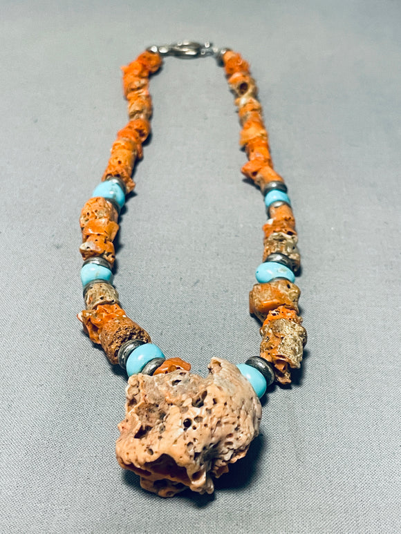 Huge Chunks Of Coral Vintage Navajo Sterling Silver Necklace Old-Nativo Arts