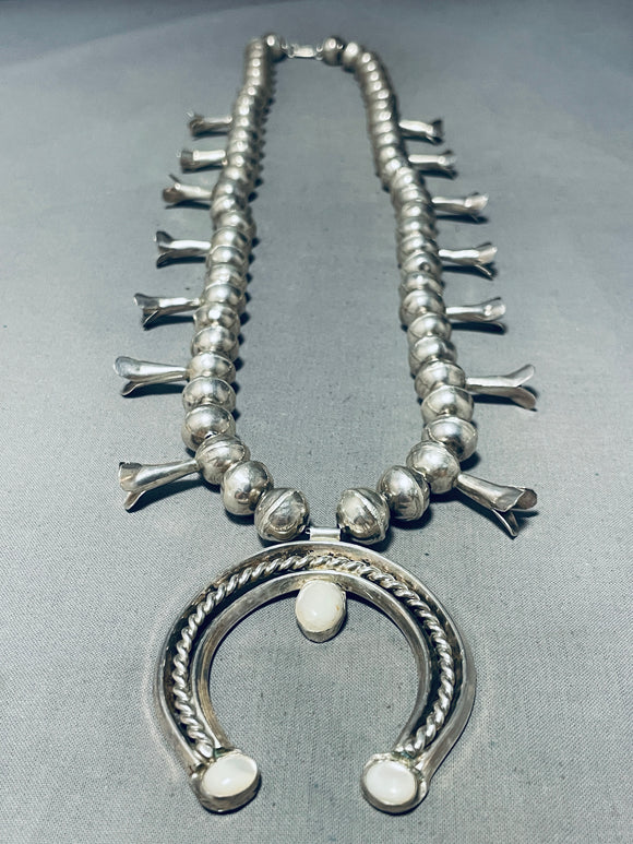 Fab Vintage Native American Navajo Sterling Silver Pearl Squash Blossom Necklace-Nativo Arts