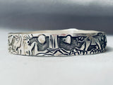Carved Horse Scenery Vintage Native American Navajo Signed Lloyd Becenti Silver Bangle Bracelet