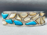 Amazing 6 Inch Wrist Vintage Native American Navajo Turquoise Sterling Silver Inlay Bracelet