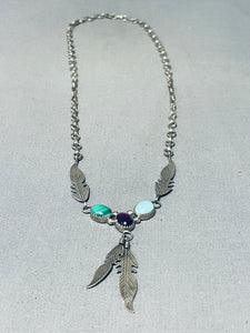 Gorgeous Vintage Native American Navajo Feather Turquoise Sterling Silver Necklace-Nativo Arts
