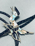 Best Vintage Native American Zuni Blue Gem Turquoise Sterling Silver Roadrunner Bolo Tie-Nativo Arts