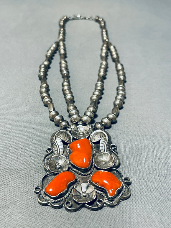 One Of The Finest Vintage Native American Navajo Coral Sterling Silver Chunk Necklace-Nativo Arts