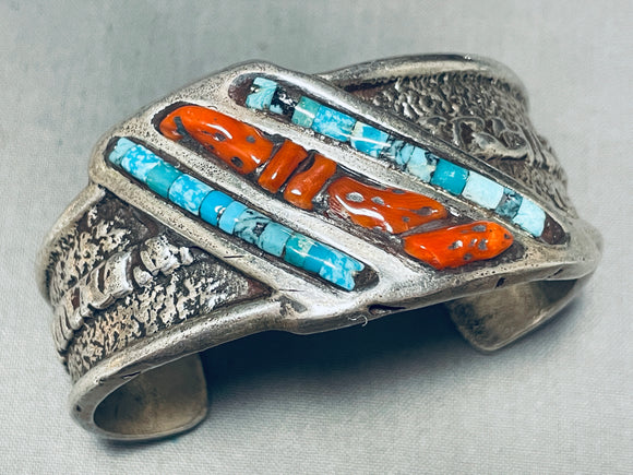 6.5 Inch Wrist Vintage Native American Navajo Heavy Turquoise Coral Sterling Silver Bracelet-Nativo Arts