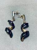 Fabulous Vintage Native American Navajo Jet Sterling Silver Twirl Dangle Earrings-Nativo Arts