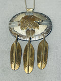 Gigantic 4 Inch Vintage Native American Navajo Sterling Silver Gold Eagle Necklace-Nativo Arts