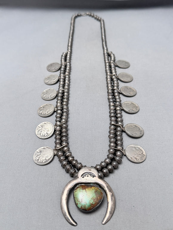 Opulent Vintage Native American Navajo Royston Turquoise Sterling Silver Squash Blossom Necklace-Nativo Arts