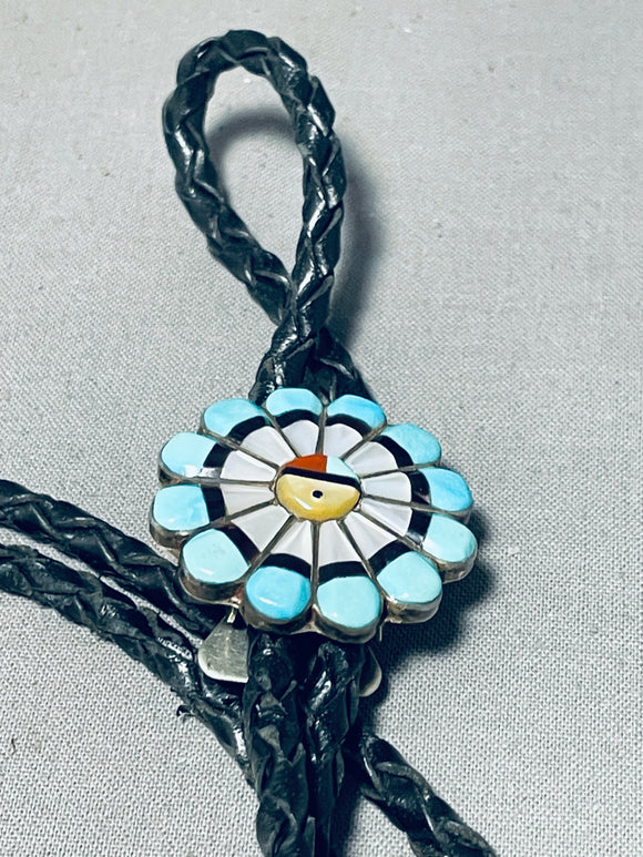 Rare Vintage Native American Zuni Inlay Sleeping Beauty Turquoise Coral Sunface Bolo-Nativo Arts