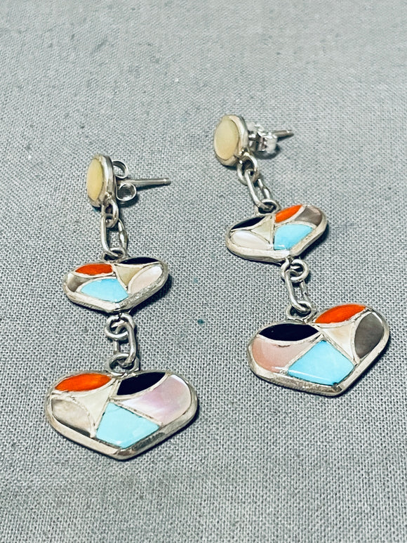 Exceptional Native American Zuni Turquoise Sterling Silver Inlay Heart Earrings-Nativo Arts