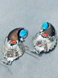 Huge Native American Navajo Turquoise Sterling Silver Bear Cla Coral Earrings-Nativo Arts
