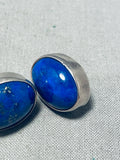 Native American Fantastic Vintage Zia Lapis Sterling Silver Post Earrings-Nativo Arts