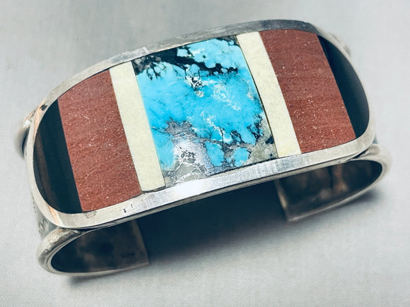 Moonstar Unique Vintage Native American Zuni Turquoise Inlay Sterling Silver Bracelet-Nativo Arts