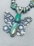 Chunky Green Turquoise Native American Navajo Sterling Silver Butterfly Necklace-Nativo Arts