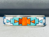 6.5 Wrist Vintage Signed Native American Navajo Inlay Turquoise Coral Sterling Silver Bracelet-Nativo Arts